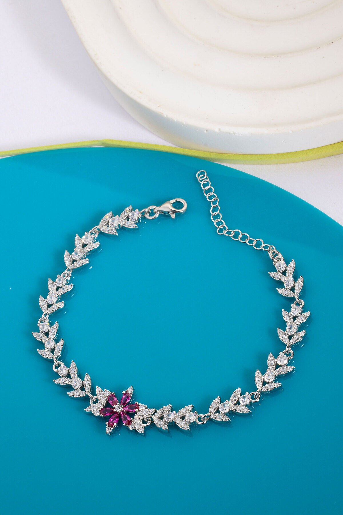 925 AYAR GÜMÜŞ LOTUS ZİRKON TAŞLI BİLEKLİK Pembe - 15 Cm