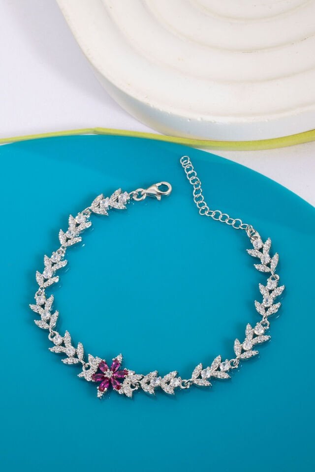 925 AYAR GÜMÜŞ LOTUS ZİRKON TAŞLI BİLEKLİK Pembe - 15 Cm