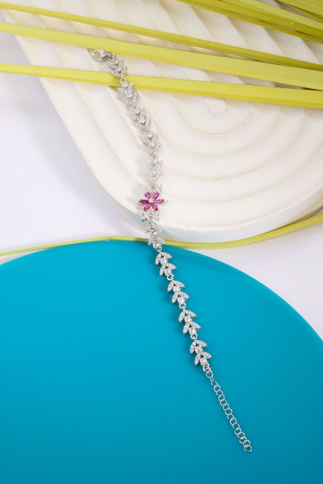 925 AYAR GÜMÜŞ LOTUS ZİRKON TAŞLI BİLEKLİK Pembe - 15 Cm