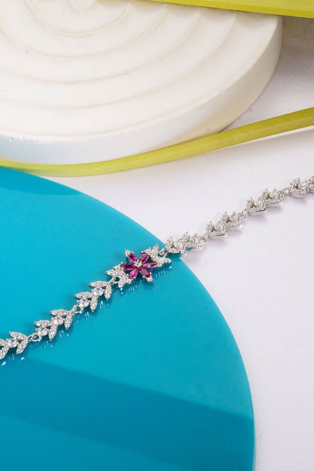 925 AYAR GÜMÜŞ LOTUS ZİRKON TAŞLI BİLEKLİK Pembe - 15 Cm
