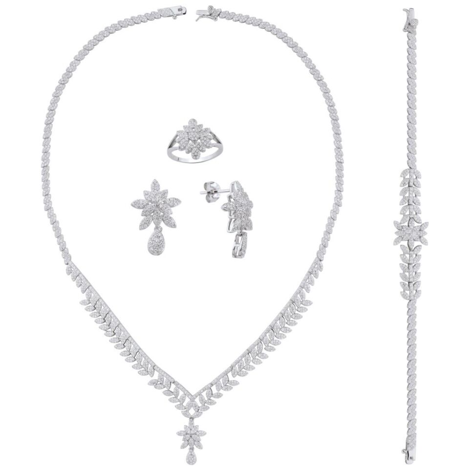 925 Ayar Gümüş Kadın Premium Yaprak Desenli Set