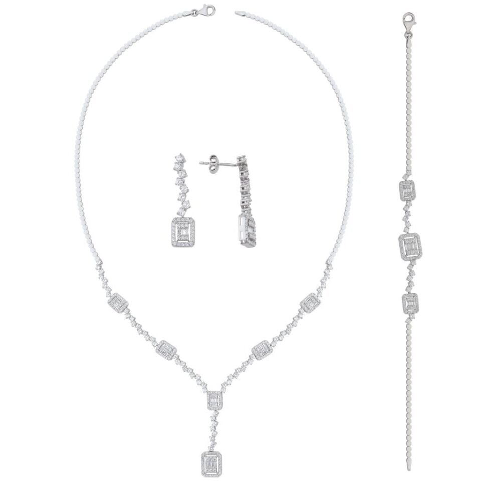 925 Ayar Gümüş Kadın Baget Taşlı Elegant Set