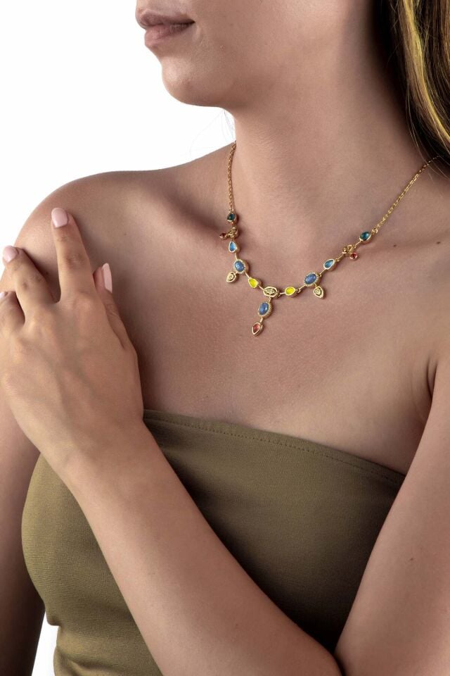 Altın Renkli Renkli Taşlı Geometrik Mavi Opal Kolye