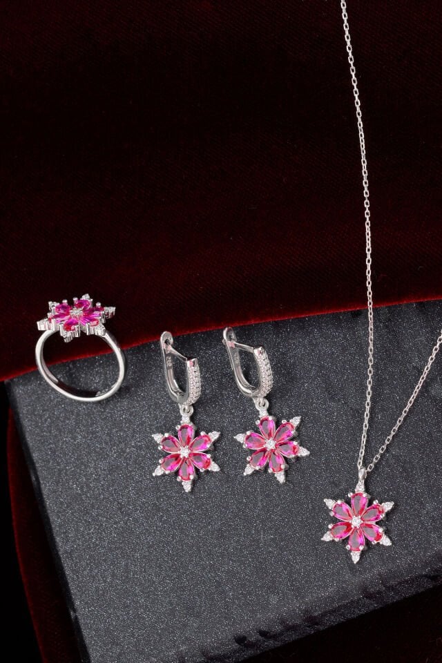 925 Ayar Gümüş Zirkon Taşlı Pembe Lotus Set
