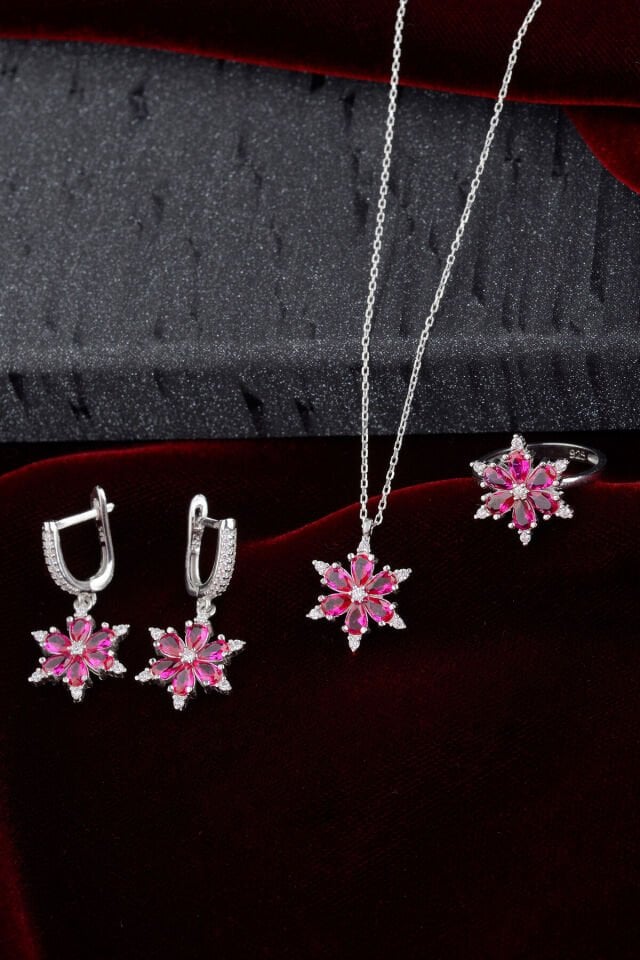 925 Ayar Gümüş Zirkon Taşlı Pembe Lotus Set