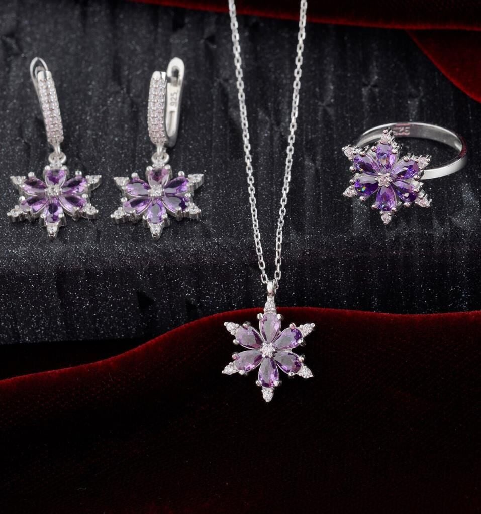 925 AYAR GÜMÜŞ ZİRKON TAŞ DETAYLI LOTUS SET