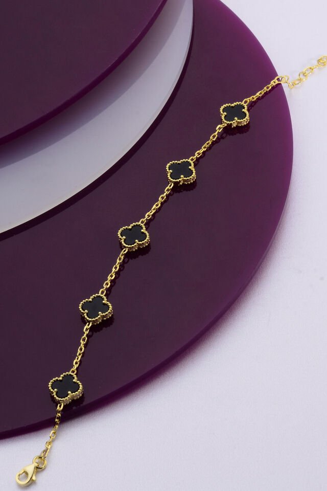 925 Ayar Gümüş Beşli 10 mm Yonca Bileklik Altın & Siyah - 16 cm
