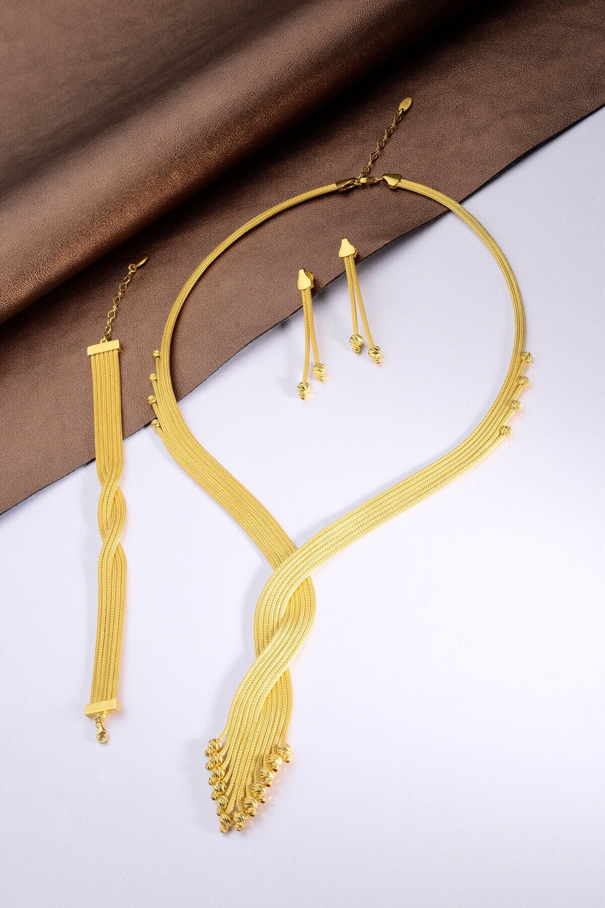 925 Ayar Gümüş Trabzon Hasırı 6 Sıra Örgü Dorika Altın Kaplama Set