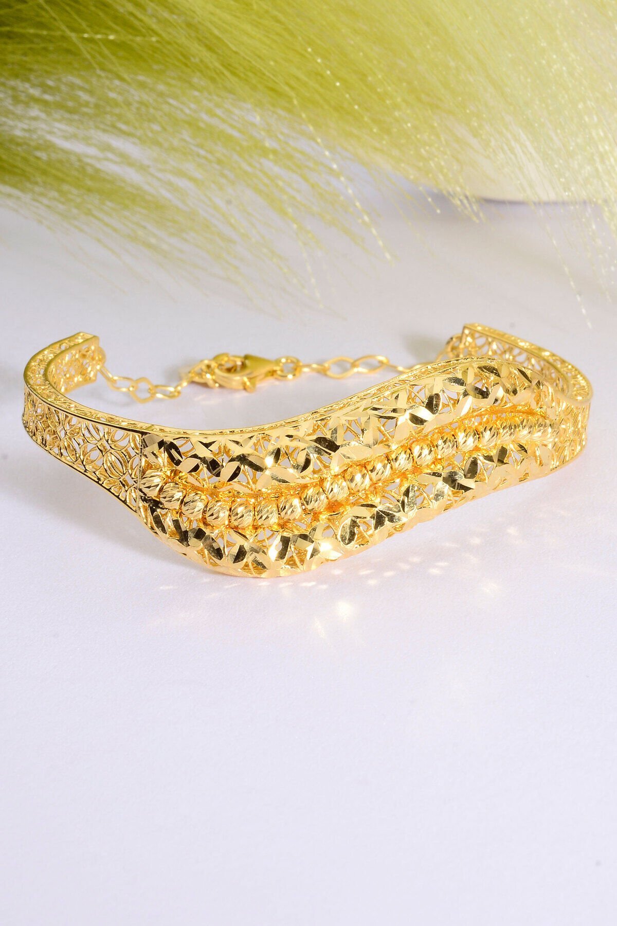 22 Ayar Altın Kaplama 925 Ayar Gümüş Dorika İşlemeli Elişi Tül Bilezik