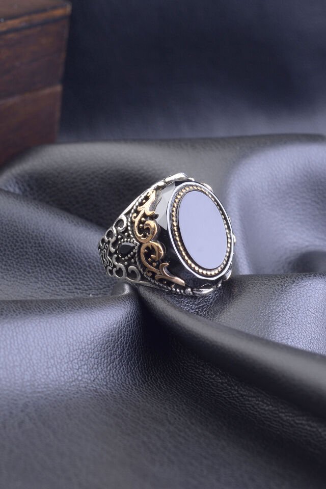 DESENLİ SİYAH ZİRKON TAŞ OVAL 925 AYAR GÜMÜŞ ERKEK YÜZÜK