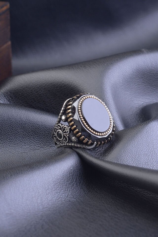 SİYAH TAŞLI OVAL ZİRKON 925 AYAR GÜMÜŞ ERKEK YÜZÜK