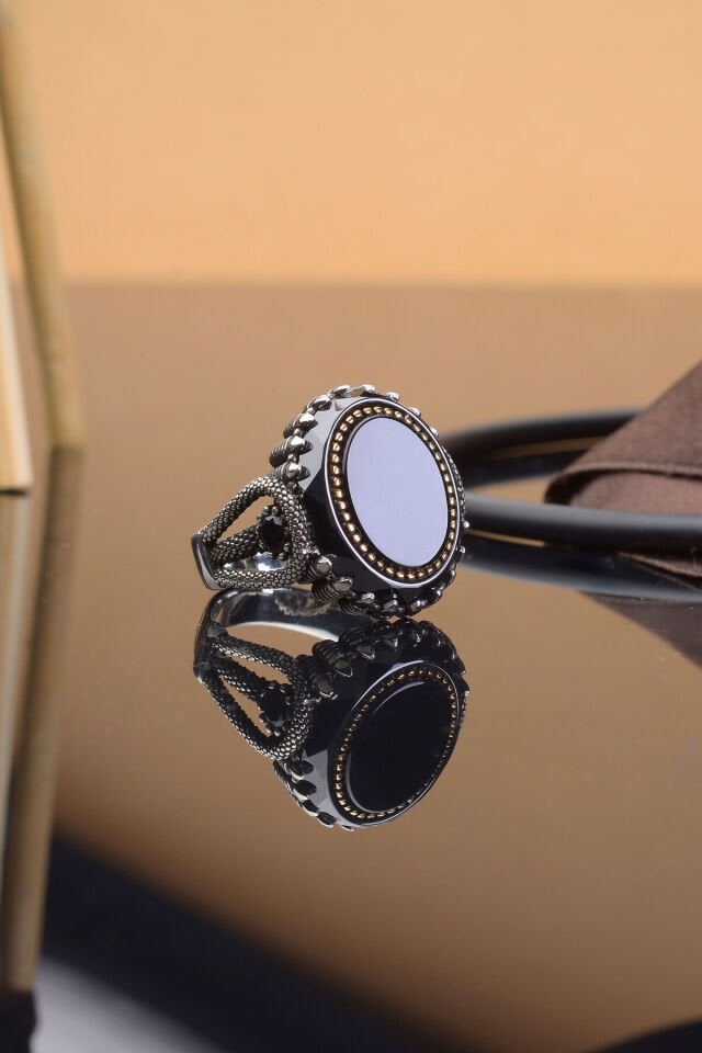 SİYAH ZİRKON TAŞ HALAT MOTİFLİ 925 AYAR GÜMÜŞ ERKEK YÜZÜK