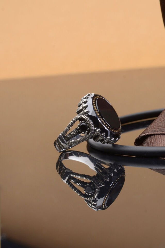 SİYAH ZİRKON TAŞ HALAT MOTİFLİ 925 AYAR GÜMÜŞ ERKEK YÜZÜK