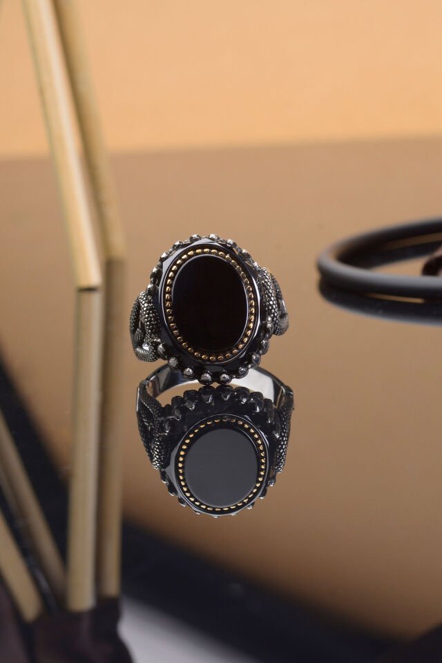 SİYAH ZİRKON TAŞ HALAT MOTİFLİ 925 AYAR GÜMÜŞ ERKEK YÜZÜK