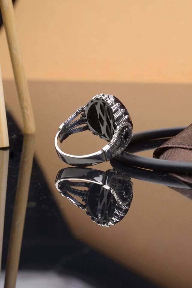 SİYAH ZİRKON TAŞ HALAT MOTİFLİ 925 AYAR GÜMÜŞ ERKEK YÜZÜK