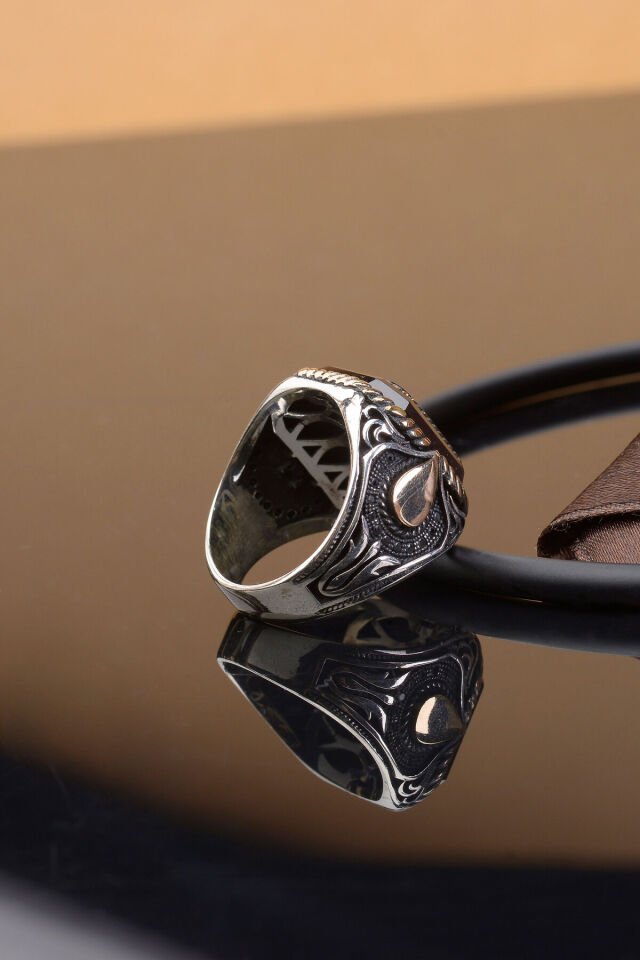 SİYAH ZİRKON TAŞ DAMLA DESENLİ KARE 925 AYAR GÜMÜŞ ERKEK YÜZÜK