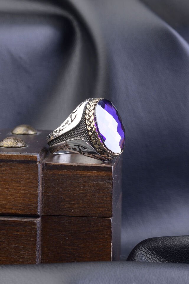 MOR ZİRKON TAŞLI 925 AYAR GÜMÜŞ ERKEK YÜZÜK