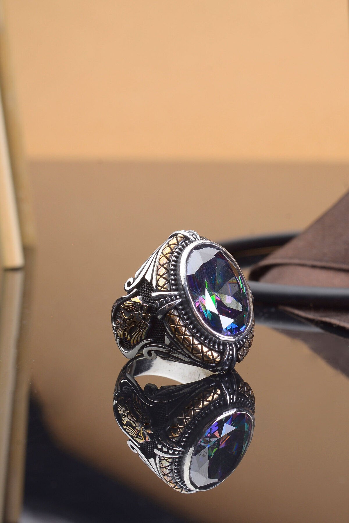 MİSTİK TOPAZ SELÇUKLU KARTALI 925 AYAR GÜMÜŞ ERKEK YÜZÜK