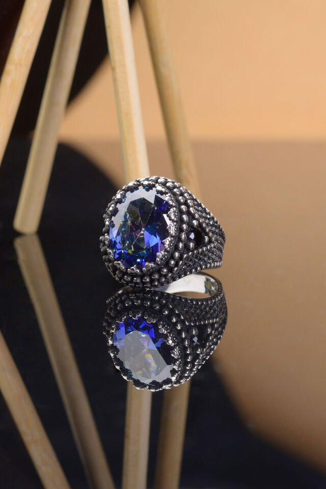 MAVİ MİSTİK TOPAZ TAŞLI MOTİFLİ 925 AYAR GÜMÜŞ ERKEK YÜZÜK