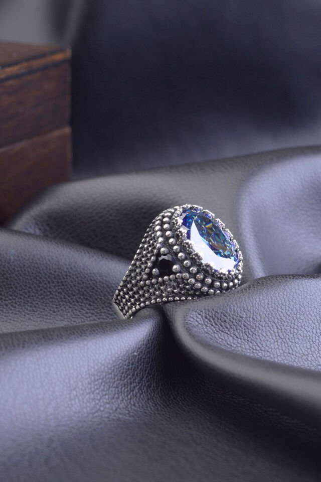 MAVİ MİSTİK TOPAZ TAŞLI MOTİFLİ 925 AYAR GÜMÜŞ ERKEK YÜZÜK