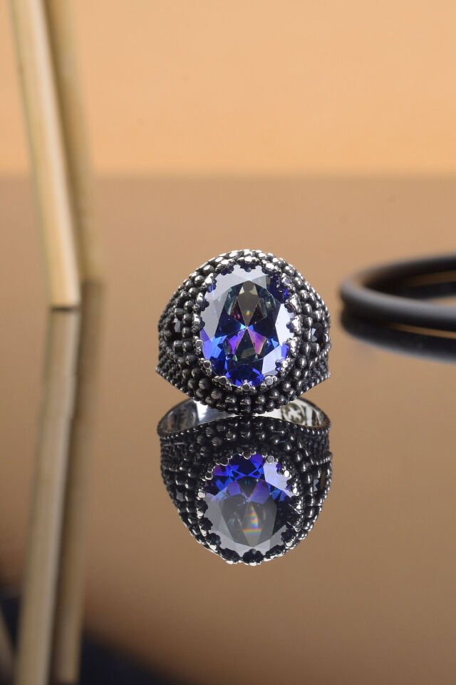 MAVİ MİSTİK TOPAZ TAŞLI MOTİFLİ 925 AYAR GÜMÜŞ ERKEK YÜZÜK