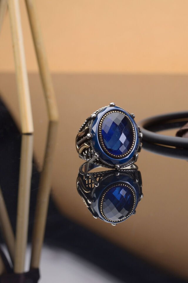 LACİVERT DESENLİ 925 AYAR GÜMÜŞ ZİRKON TAŞLI GÜMÜŞ ERKEK YÜZÜK