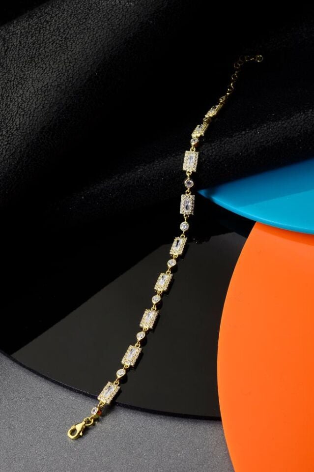 925 Ayar Gümüş Altın Kaplama Diktörtgen Bileklik