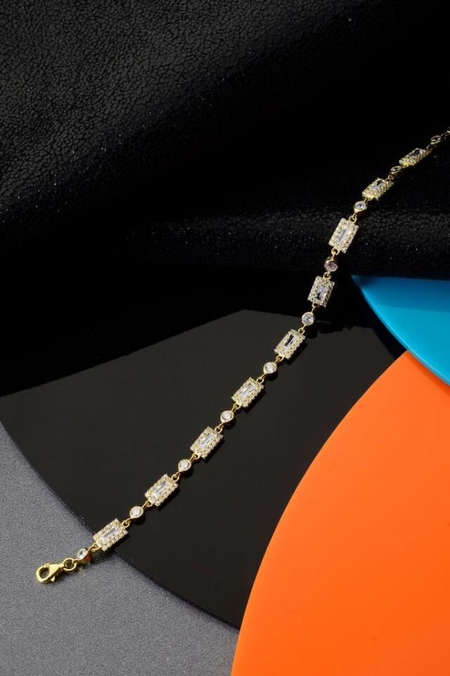 925 Ayar Gümüş Altın Kaplama Diktörtgen Bileklik