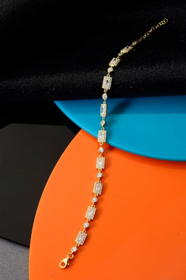 925 Ayar Gümüş Altın Kaplama Diktörtgen Bileklik