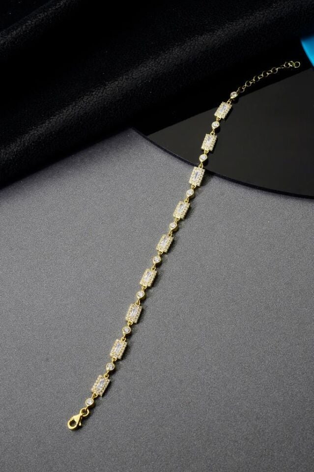 925 Ayar Gümüş Altın Kaplama Diktörtgen Bileklik