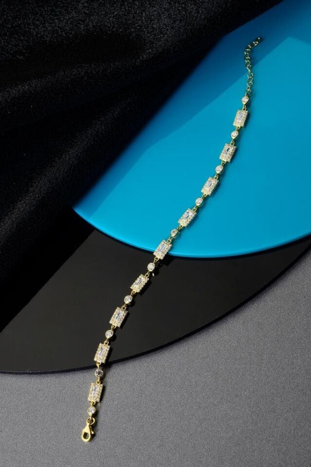 925 Ayar Gümüş Altın Kaplama Diktörtgen Bileklik