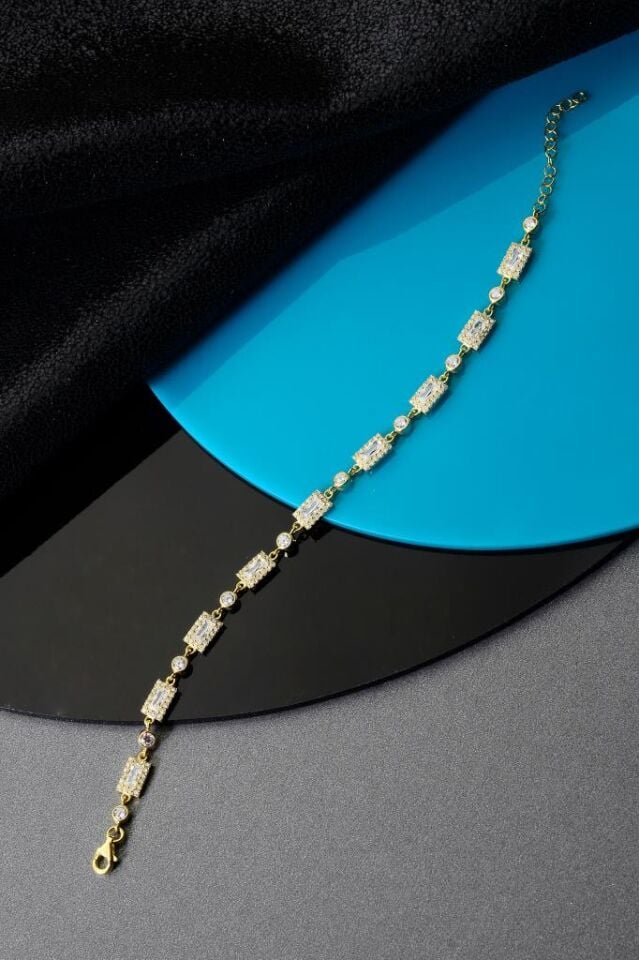 925 Ayar Gümüş Altın Kaplama Diktörtgen Bileklik