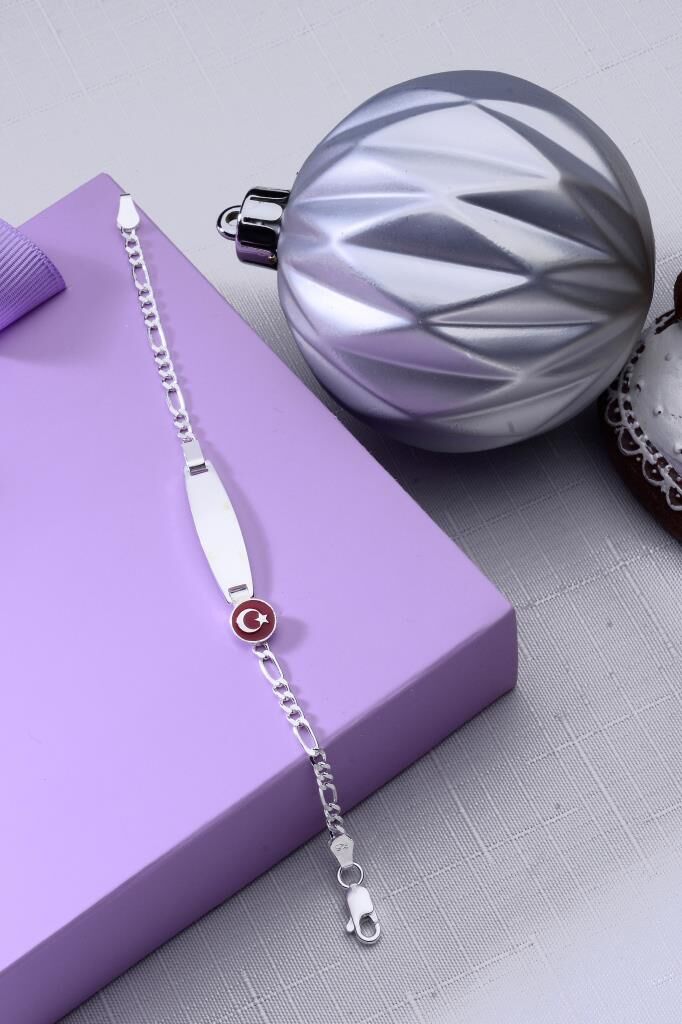 925 Ayar Gümüş Ay Yıldız Bayrak Motifli Erkek Kız Bebek Çocuk Künyesi