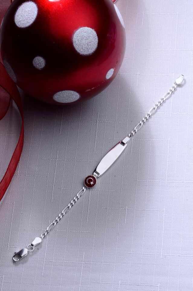 925 Ayar Gümüş Ay Yıldız Bayrak Motifli Erkek Kız Bebek Çocuk Künyesi