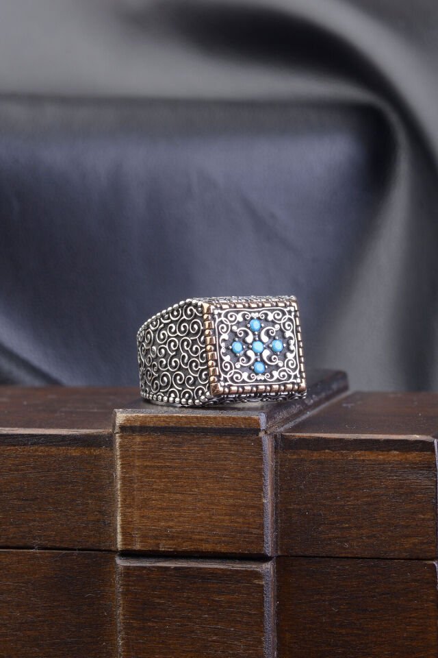 TURKUAZ TAŞLI İŞLEMELİ 925 AYAR GÜMÜŞ ERKEK YÜZÜK