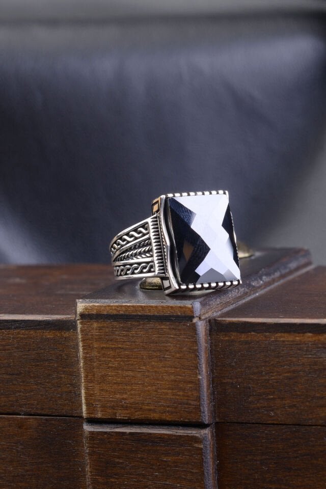 SİYAH ZİRKON TAŞLI ZİNCİR MODEL 925 AYAR GÜMÜŞ ERKEK YÜZÜK