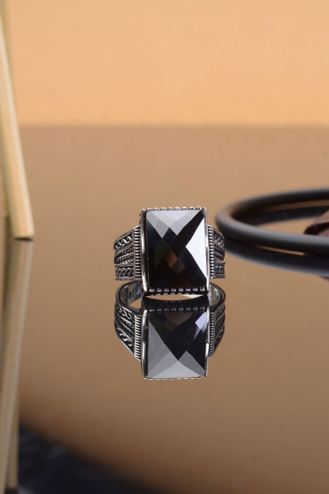 SİYAH ZİRKON TAŞLI ZİNCİR MODEL 925 AYAR GÜMÜŞ ERKEK YÜZÜK