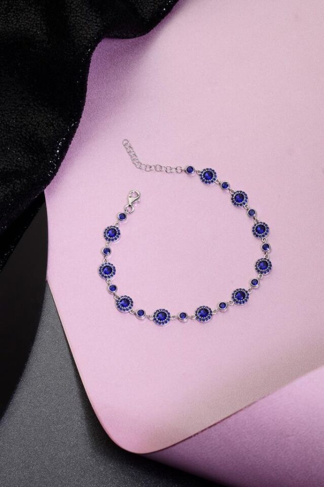 925 Ayar Gümüş Lacivert Yuvarlak Taşlı Bileklik