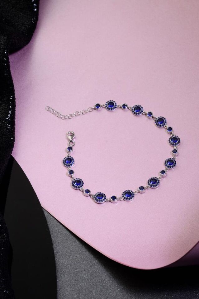 925 Ayar Gümüş Lacivert Yuvarlak Taşlı Bileklik