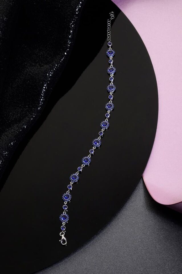 925 Ayar Gümüş Lacivert Yuvarlak Taşlı Bileklik