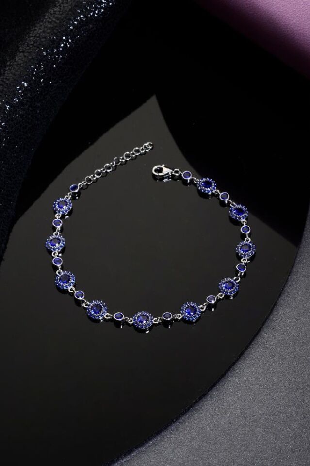 925 Ayar Gümüş Lacivert Yuvarlak Taşlı Bileklik