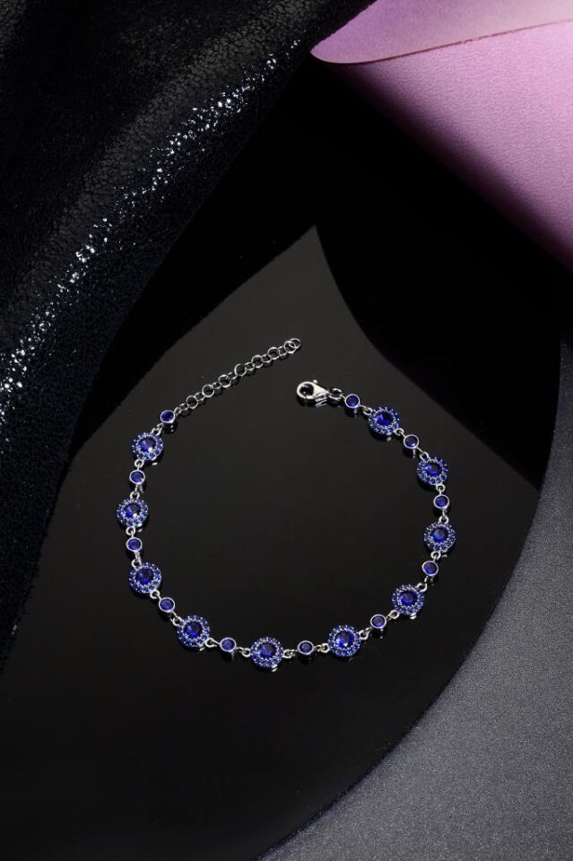 925 Ayar Gümüş Lacivert Yuvarlak Taşlı Bileklik