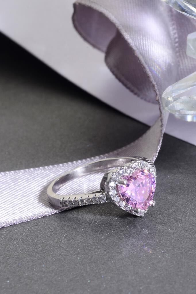 925 Ayar Gümüş Pembe Taşlı Kalp Yüzük