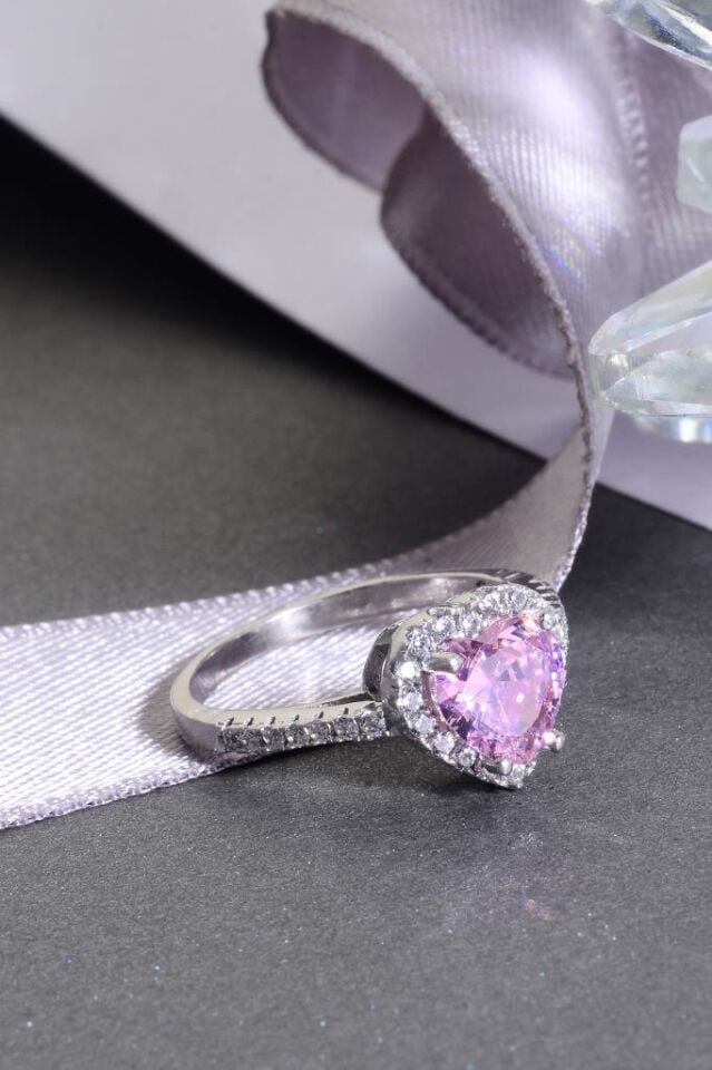 925 Ayar Gümüş Pembe Taşlı Kalp Yüzük