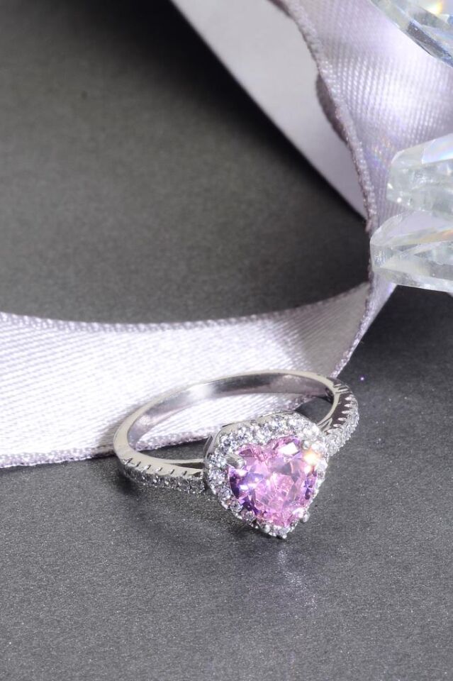 925 Ayar Gümüş Pembe Taşlı Kalp Yüzük