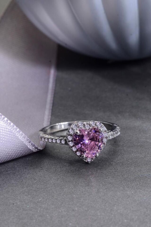 925 Ayar Gümüş Pembe Taşlı Kalp Yüzük