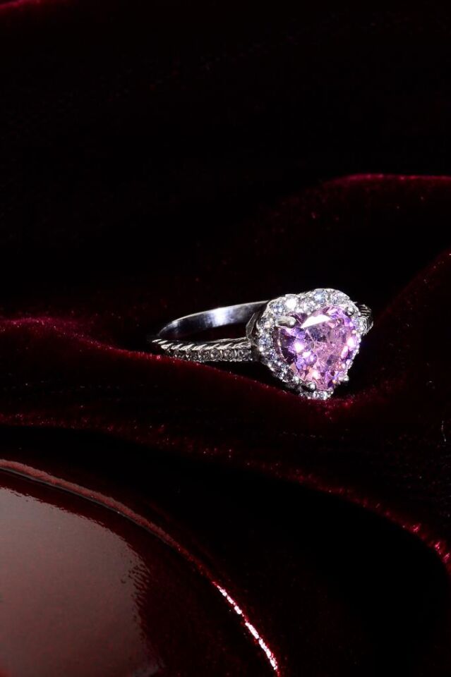 925 Ayar Gümüş Pembe Taşlı Kalp Yüzük