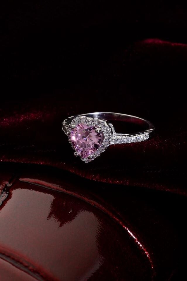 925 Ayar Gümüş Pembe Taşlı Kalp Yüzük