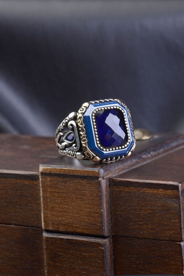 925 AYAR GÜMÜŞ ZİRKON TAŞLI LACİVERT RENKLİ ERKEK YÜZÜK