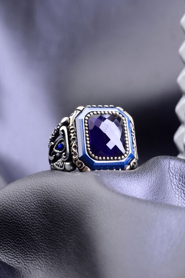 925 AYAR GÜMÜŞ ZİRKON TAŞLI LACİVERT RENKLİ ERKEK YÜZÜK